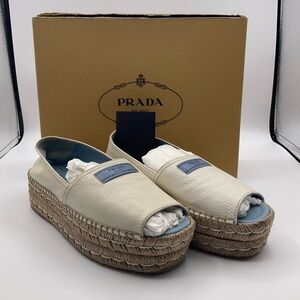 PRADA Platform Sandals Shoes 1X3341 White Leather US 6.5 EU 37